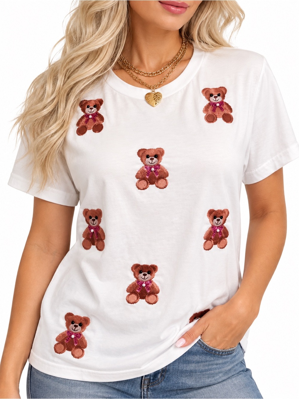 On 12th White Teddy Bear Embroiderd T-Shirt size M EUC